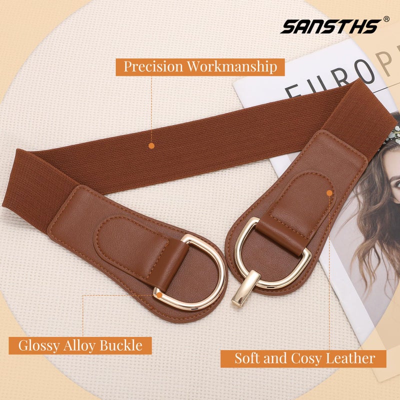 SANSTHS Vintage Women Stretchy Wide Belt Chunky Buckle Elastic Wide Waist Belts for Dresses Coats, Gold Brown M - Image 4