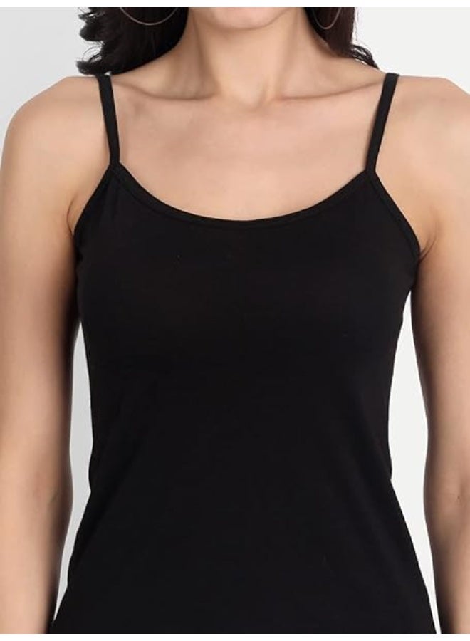 Aimly Women's Regular Fit Cotton Camisole Slip Spaghetti Black Beige Pack of 3, Contains 2 Black 1 Beige - Image 3