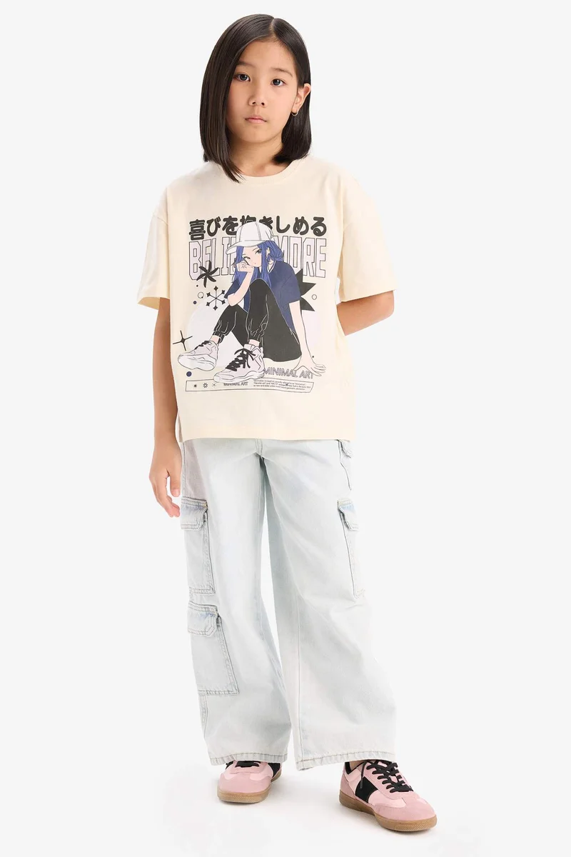 ديفاكتو Girl Oversize Fit Crew Neck Printed Short Sleeve T-Shirt