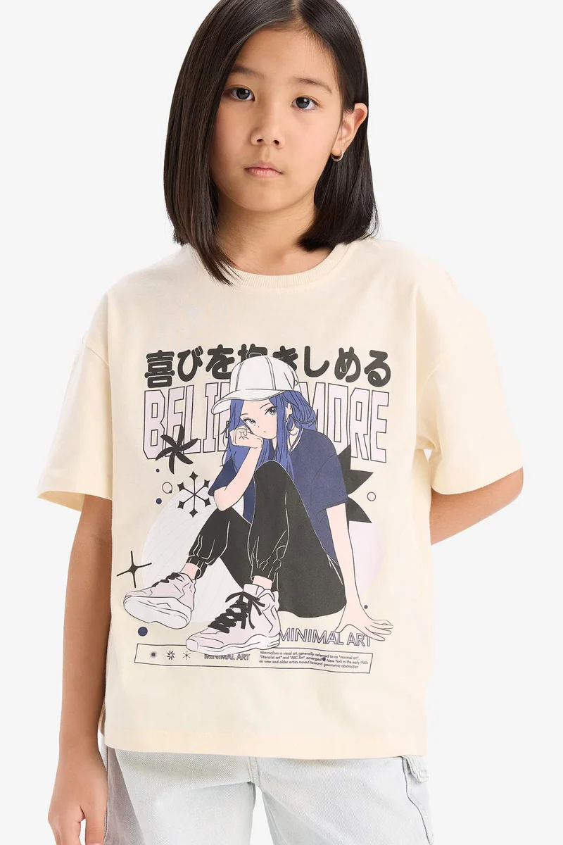 ديفاكتو Girl Oversize Fit Crew Neck Printed Short Sleeve T-Shirt