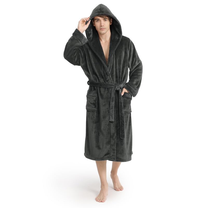 Yurhap Luxury Mens Robe with Hood, Ultra Cozy Fleece Bathrobe for Men, Plush Hooded Robe with Belt & 2 Pockets - Image 2