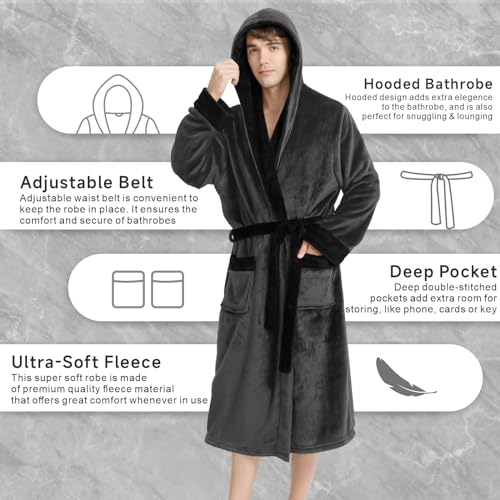 Yurhap Luxury Mens Robe with Hood, Ultra Cozy Fleece Bathrobe for Men, Plush Hooded Robe with Belt & 2 Pockets - Image 4