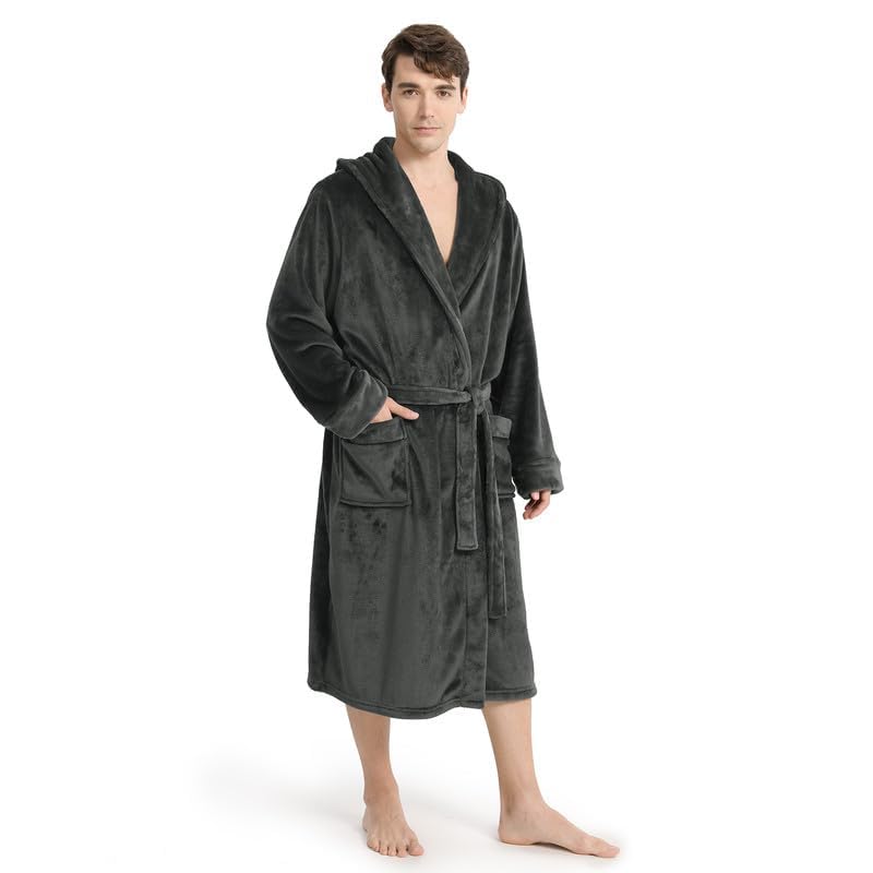 Yurhap Luxury Mens Robe with Hood, Ultra Cozy Fleece Bathrobe for Men, Plush Hooded Robe with Belt & 2 Pockets - Image 3