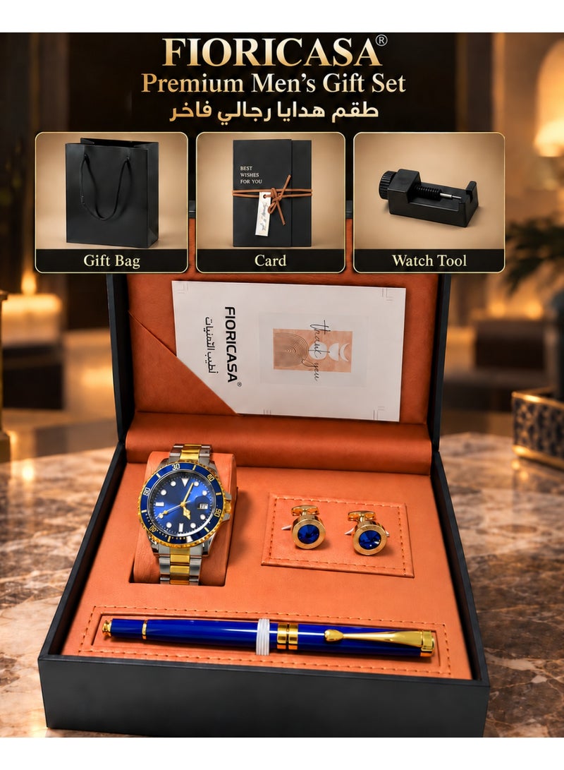 فوريكاسا طقم هدايا رجالي فاخر من FIORICASA مع ساعة وقلم وأزرار أكمام وعلبة هدايا فاخرة وحقيبة هدايا وبطاقة تهنئة - Image 1