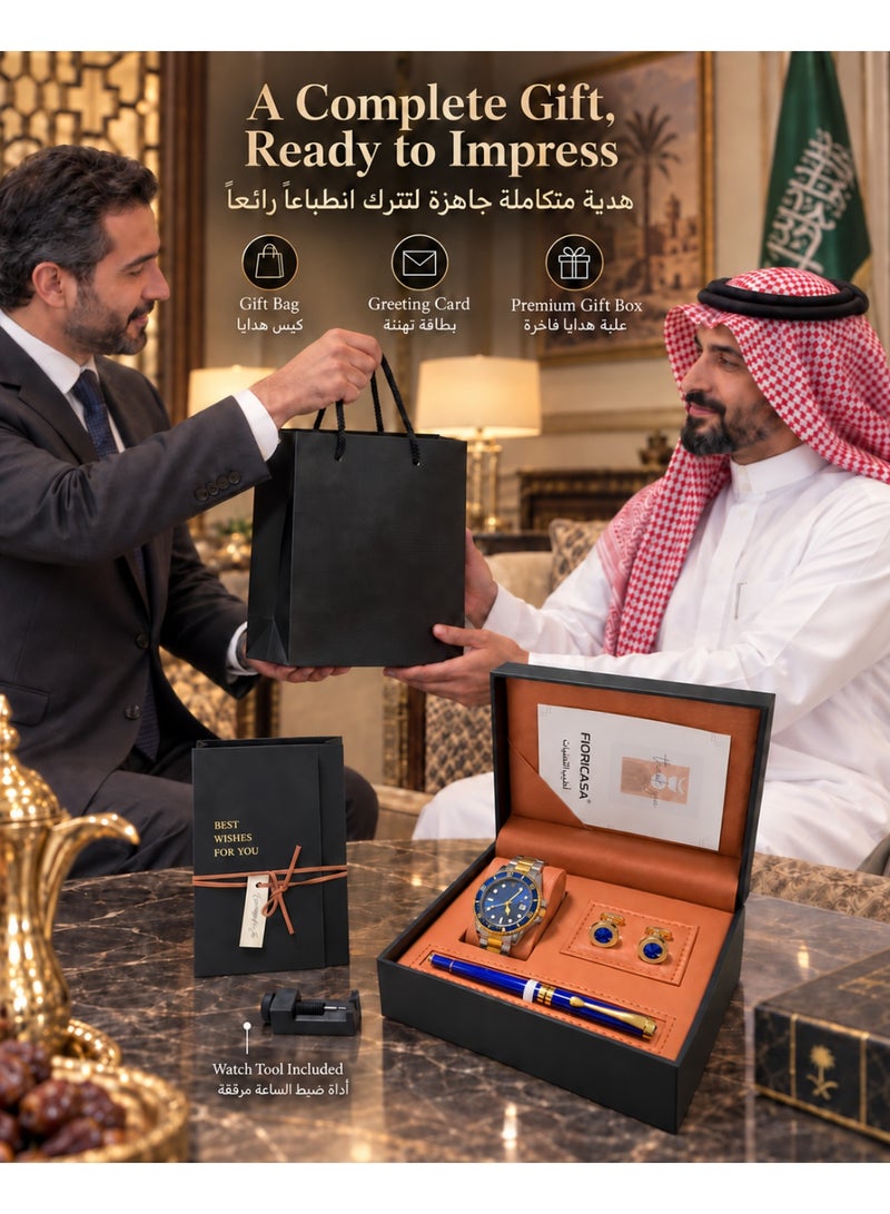 فوريكاسا طقم هدايا رجالي فاخر من FIORICASA مع ساعة وقلم وأزرار أكمام وعلبة هدايا فاخرة وحقيبة هدايا وبطاقة تهنئة - Image 2