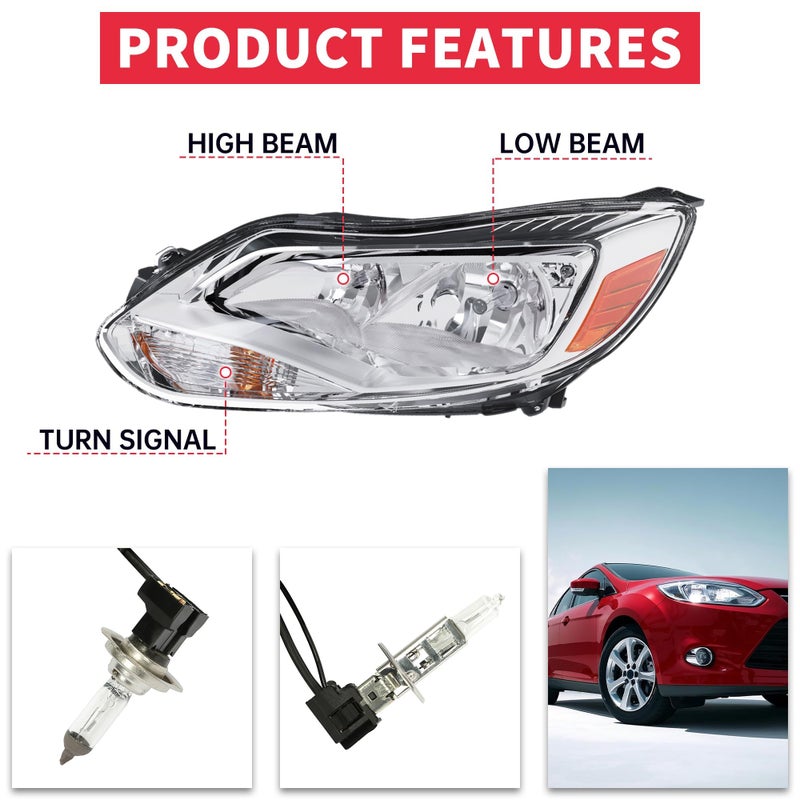 HECASA Pair Headlights Compatible with 2012-2014 Ford Focus Replacement for FO2502299 FO2503299 Driver & Passenger Side Headlamp Clear Lens+Chrome Housing - Image 3