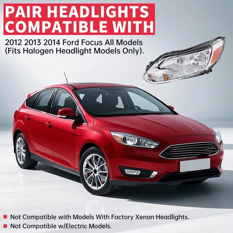 HECASA Pair Headlights Compatible with 2012-2014 Ford Focus Replacement for FO2502299 FO2503299 Driver & Passenger Side Headlamp Clear Lens+Chrome Housing - Image 2