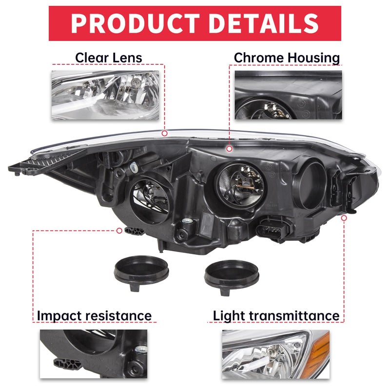 HECASA Pair Headlights Compatible with 2012-2014 Ford Focus Replacement for FO2502299 FO2503299 Driver & Passenger Side Headlamp Clear Lens+Chrome Housing - Image 5