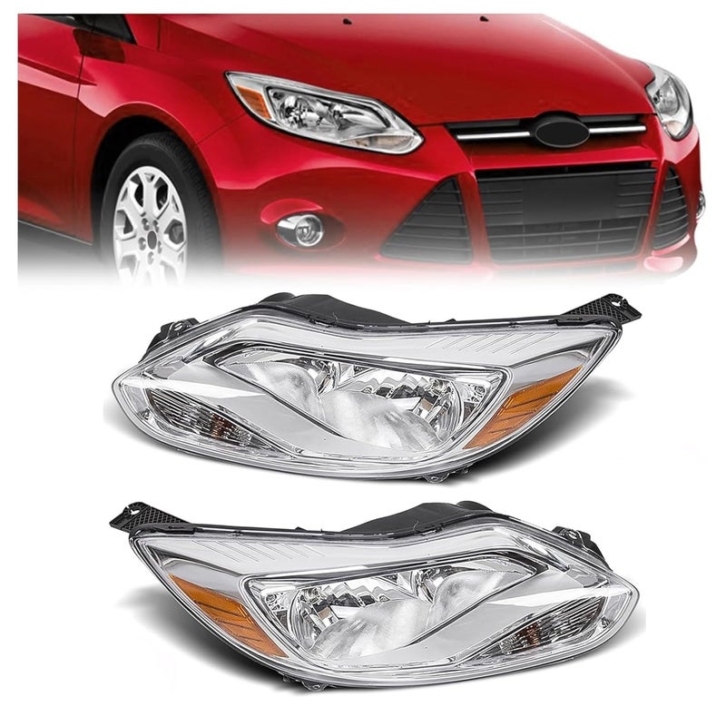 HECASA Pair Headlights Compatible with 2012-2014 Ford Focus Replacement for FO2502299 FO2503299 Driver & Passenger Side Headlamp Clear Lens+Chrome Housing - Image 1