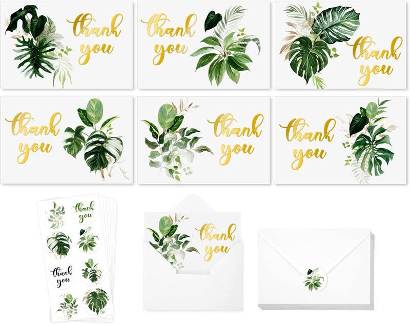 AnyDesign 36 Pack Summer Thank You Cards Bulk Tropical Palm Leaves Thank You Note Cards with Stickers Envelopes Gold Foil Thank You Greeting Cards for Baby Shower Wedding Birthday Party Graduation - Image 1