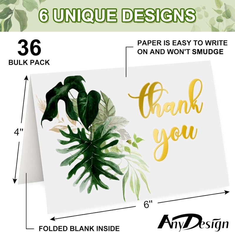 AnyDesign 36 Pack Summer Thank You Cards Bulk Tropical Palm Leaves Thank You Note Cards with Stickers Envelopes Gold Foil Thank You Greeting Cards for Baby Shower Wedding Birthday Party Graduation - Image 2