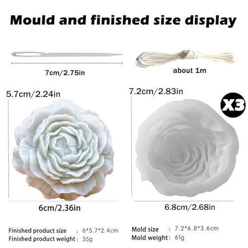 Nimozekd 3 Pack Peony Silicone Candle Mold Flower Mold Resin Casting Molds with Large-Eye Wicking Needle,Candlewick for DIY Scented Candle, Soy Wax, Cake, Soap,Craft Making - Image 2