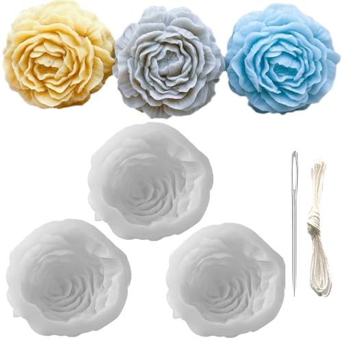 Nimozekd 3 Pack Peony Silicone Candle Mold Flower Mold Resin Casting Molds with Large-Eye Wicking Needle,Candlewick for DIY Scented Candle, Soy Wax, Cake, Soap,Craft Making - Image 1
