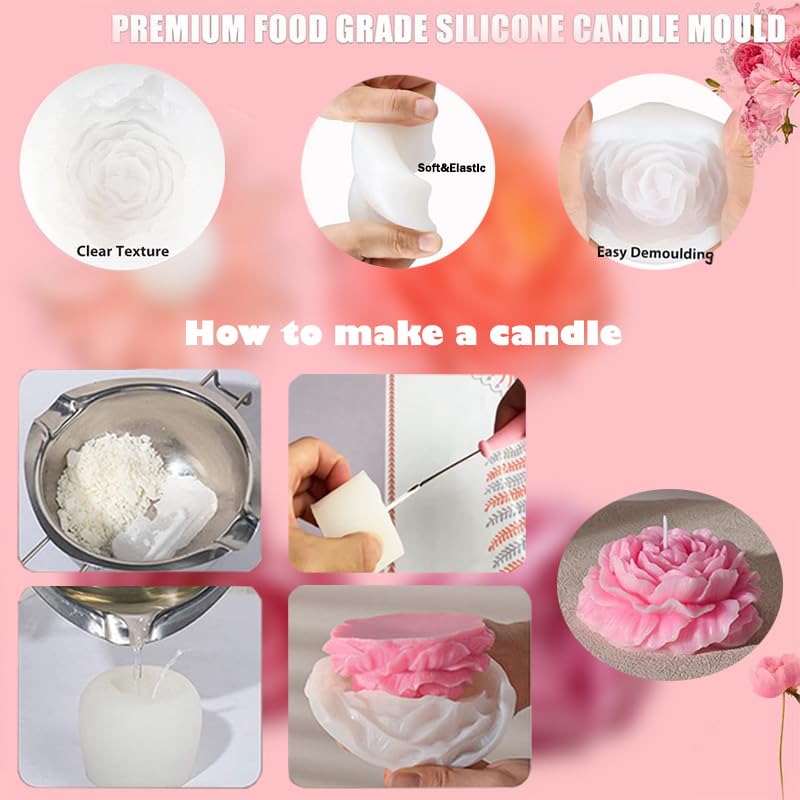 Nimozekd 3 Pack Peony Silicone Candle Mold Flower Mold Resin Casting Molds with Large-Eye Wicking Needle,Candlewick for DIY Scented Candle, Soy Wax, Cake, Soap,Craft Making - Image 5