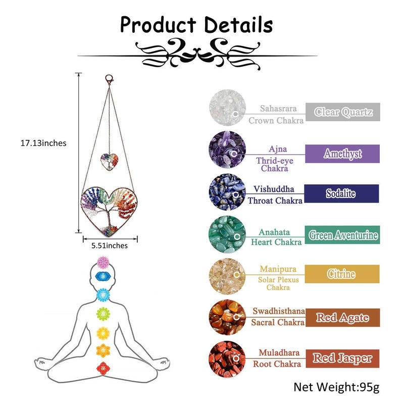 PESOENTH 7 Chakra Heart Tree of Life Dream Catcher Hanging Ornament Bohemian Rainbow Double Hearts Tree of Life Wall Art Window Car Hanging Decorations Home Bedroom Decor - Image 5