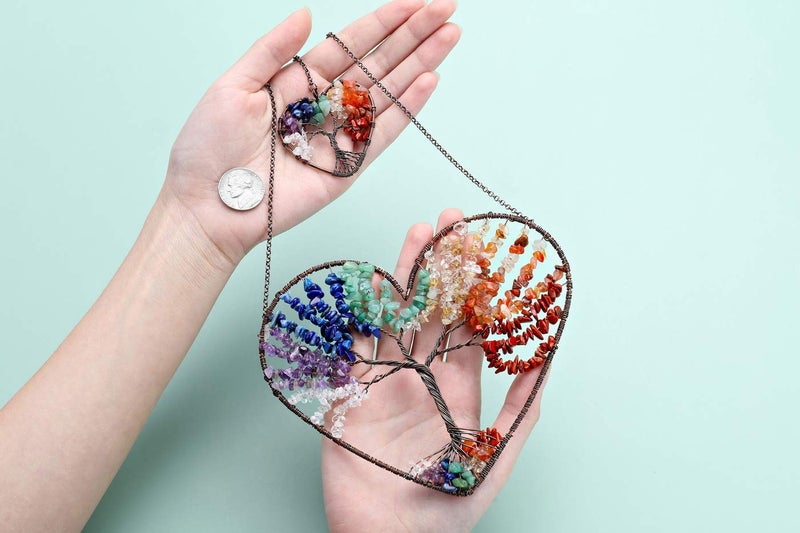 PESOENTH 7 Chakra Heart Tree of Life Dream Catcher Hanging Ornament Bohemian Rainbow Double Hearts Tree of Life Wall Art Window Car Hanging Decorations Home Bedroom Decor - Image 4