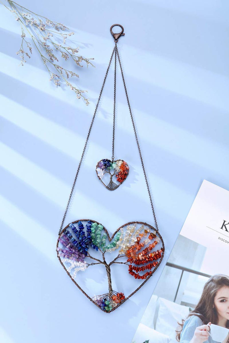 PESOENTH 7 Chakra Heart Tree of Life Dream Catcher Hanging Ornament Bohemian Rainbow Double Hearts Tree of Life Wall Art Window Car Hanging Decorations Home Bedroom Decor - Image 3