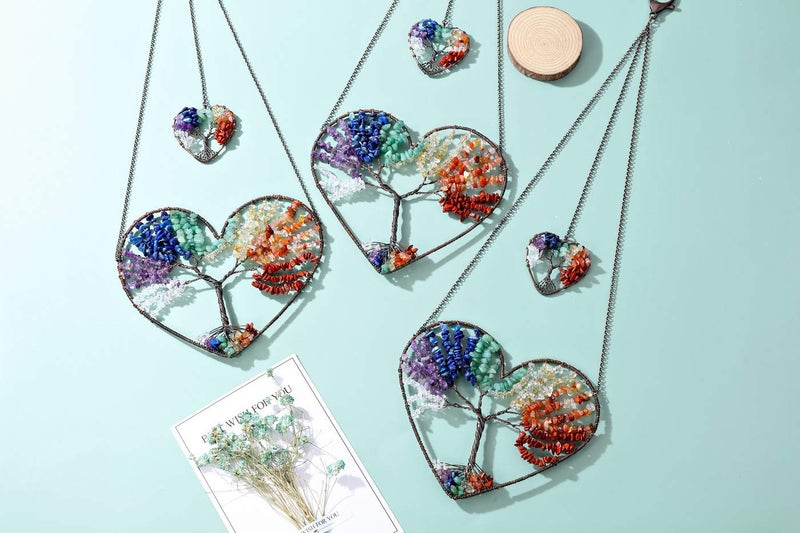 PESOENTH 7 Chakra Heart Tree of Life Dream Catcher Hanging Ornament Bohemian Rainbow Double Hearts Tree of Life Wall Art Window Car Hanging Decorations Home Bedroom Decor - Image 2