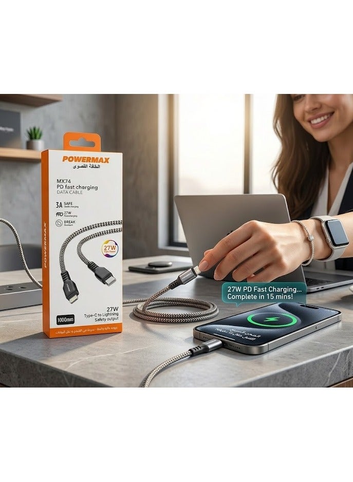 Power Max 1-meter Type-C to Lightning fast charging cable, made of braided fabric, cut-resistant, for high-speed data transfer. - Image 3