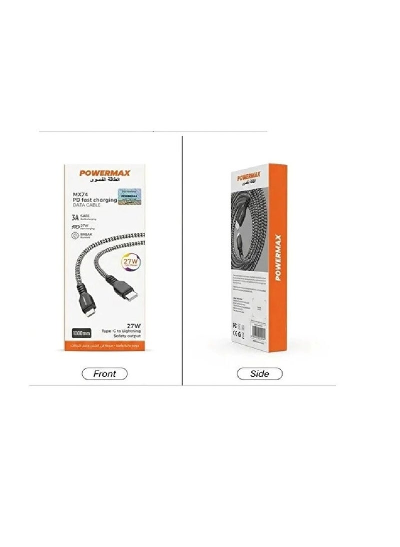 Power Max 1-meter Type-C to Lightning fast charging cable, made of braided fabric, cut-resistant, for high-speed data transfer. - Image 2