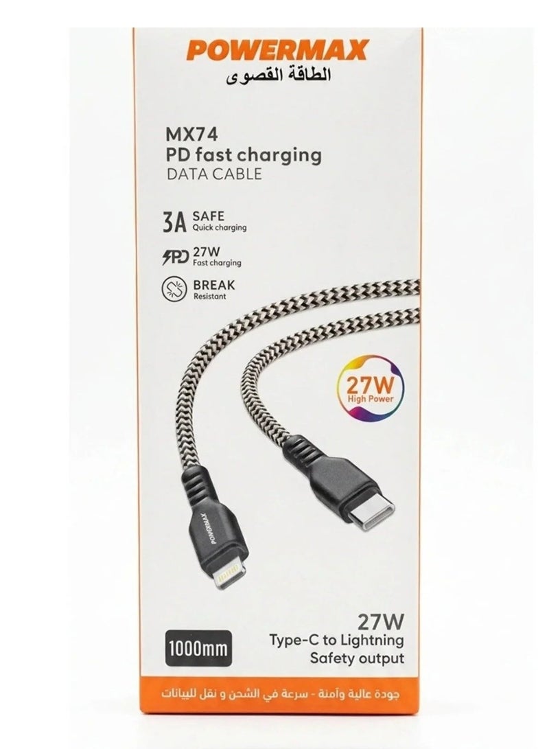 Power Max 1-meter Type-C to Lightning fast charging cable, made of braided fabric, cut-resistant, for high-speed data transfer. - Image 1