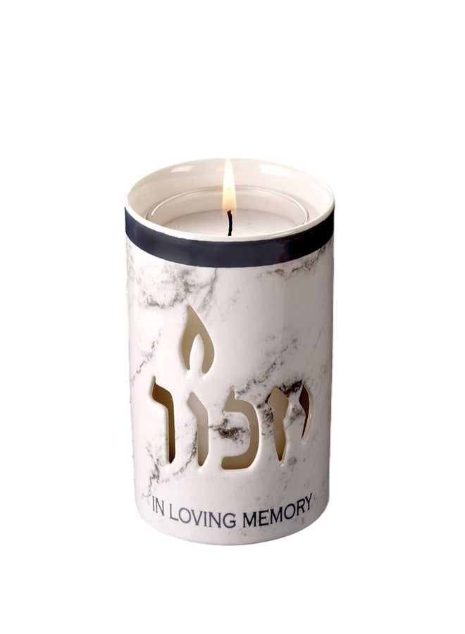 Rite Lite White Marble Ceramic Yizkor Memorial Candle Holder - 3” H - Yahrzeit Luminaria for Jewish Memorial Services, in Loving Memory Tribute - Elegant Design for Remembrance and Mourning - Image 1
