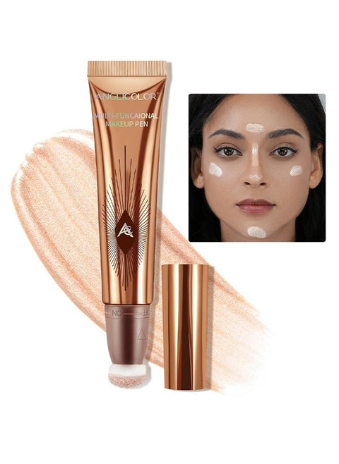 Liquid Highlight Stick with Cushion Applicator, Waterproof Contour Face Glowing Makeup Pen for Women 3D Sparkling Effect