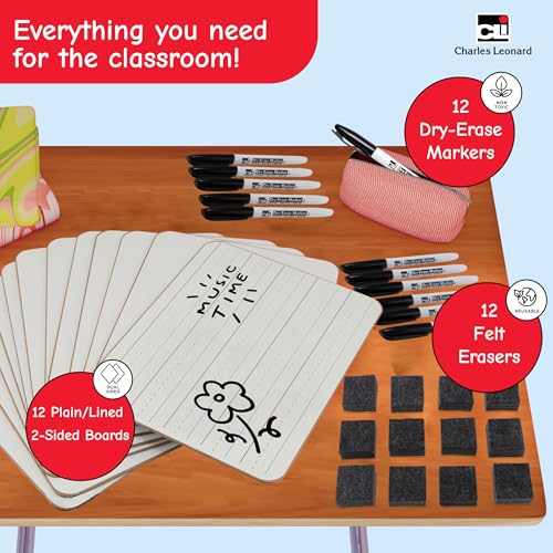 Charles Leonard Dry Erase Board Class Pack - Includes 12 Plain/Lined 2-Sided Boards, 12 Erasers and 12 Black Markers, in a Re-Useable Box (35030) - Image 2