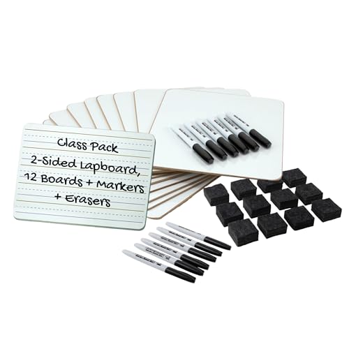 Charles Leonard Dry Erase Board Class Pack - Includes 12 Plain/Lined 2-Sided Boards, 12 Erasers and 12 Black Markers, in a Re-Useable Box (35030) - Image 1