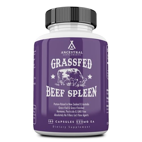 Ancestral Supplements Grass Fed Beef Spleen Supplement 3000mg Beef Organ Spleen Support Formula Promotes Digestive Immune Iron Energy and Allergy Health Non GMO 180 Capsules
