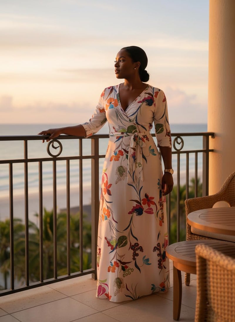FANDEE Plus Size Maxi Dress for Women Casual Summer Sundress V-Neck 3/4 Sleeve(White,3X-Large) - Image 3