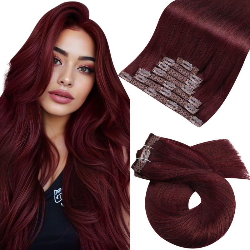 Moresoo Burgundy Clip in Hair Extensions Real Human Hair Double Weft Dark Red Hair Extensions Clip ins Human Hair Red Wine 99J 7Pieces 120G 18inch