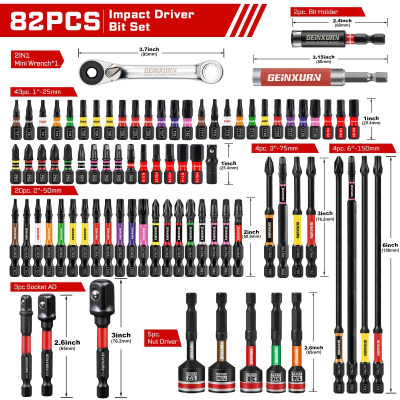 Geinxurn 82Pieces Impact Screwdriver Bits Set, Magnetic S2 Steel Phillips/Square/Torx/Hex Insert Power Bits Tips with Impact Bit Holder and Impact Nut Driver and Mini Wrench - Image 2