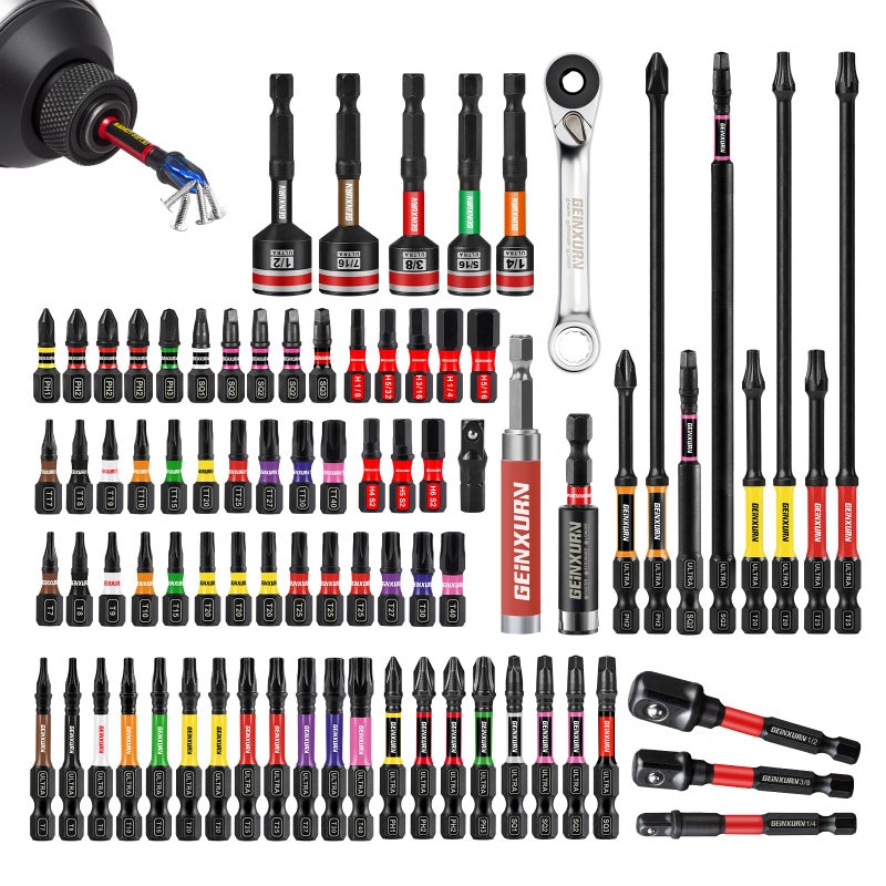 Geinxurn 82Pieces Impact Screwdriver Bits Set, Magnetic S2 Steel Phillips/Square/Torx/Hex Insert Power Bits Tips with Impact Bit Holder and Impact Nut Driver and Mini Wrench - Image 1