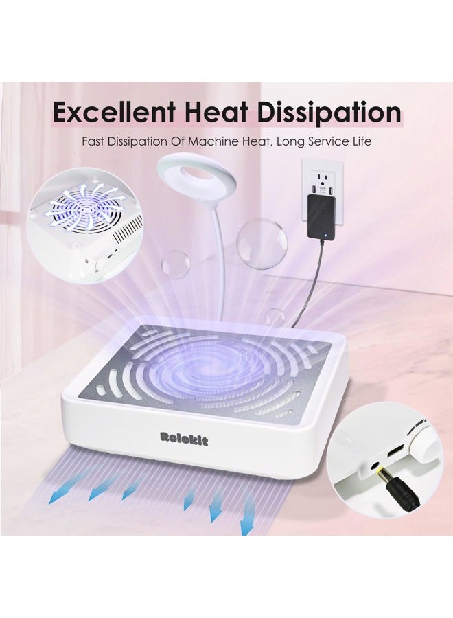 Rolokit Nail Dust Collector with Lamp&50pcs Disposable Filter&Dusting Brush, Electric Nail Vacuum Cleaner Dust Fan Suction Machine for Manicure Acrylic Gel Nails Polishing, Low Noise, Salon Home - Image 4
