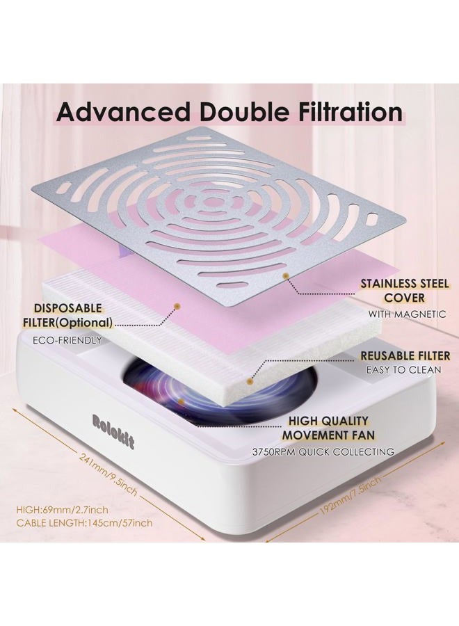 Rolokit Nail Dust Collector with Lamp&50pcs Disposable Filter&Dusting Brush, Electric Nail Vacuum Cleaner Dust Fan Suction Machine for Manicure Acrylic Gel Nails Polishing, Low Noise, Salon Home - Image 5
