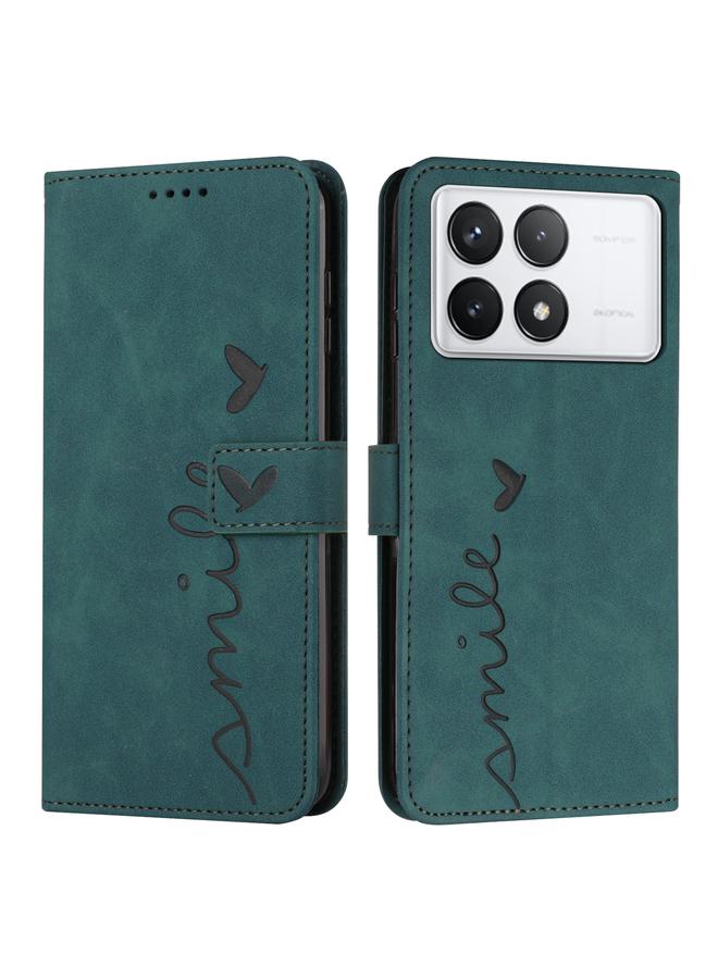 جرين تايجر حافظة هاتف جلدية منقوشة على شكل قلب لهاتف Xiaomi Redmi K70E مع حبل طويل (أخضر)