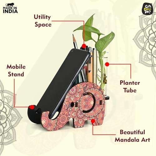 Gift Kya De GKD Hydroponics Glass Planter with Wooden Pen Holder & Mobile Stand beautiful Elephant Shaped Mandala Art Design | Multifunctional Desk Organizer | Ideal for Office, Home, and Gifting - Image 4