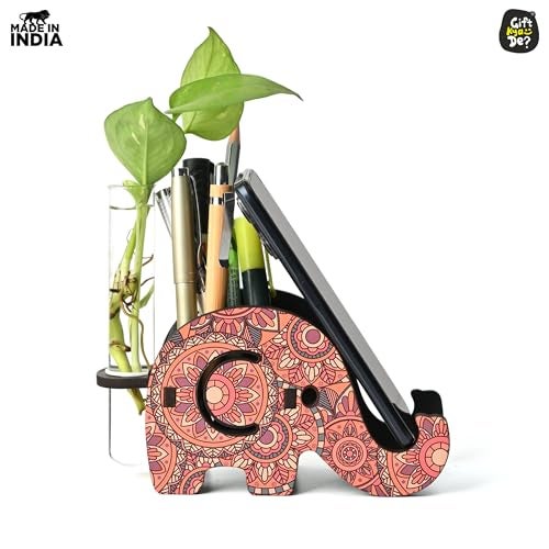 Gift Kya De GKD Hydroponics Glass Planter with Wooden Pen Holder & Mobile Stand beautiful Elephant Shaped Mandala Art Design | Multifunctional Desk Organizer | Ideal for Office, Home, and Gifting - Image 2