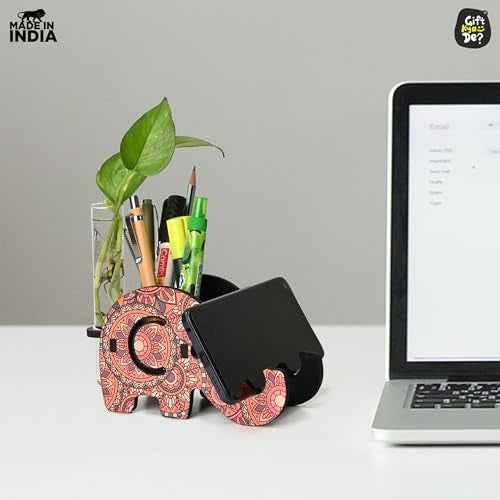 Gift Kya De GKD Hydroponics Glass Planter with Wooden Pen Holder & Mobile Stand beautiful Elephant Shaped Mandala Art Design | Multifunctional Desk Organizer | Ideal for Office, Home, and Gifting - Image 3