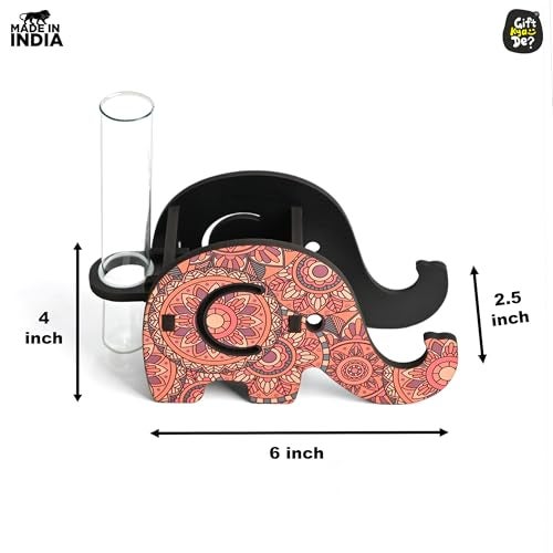 Gift Kya De GKD Hydroponics Glass Planter with Wooden Pen Holder & Mobile Stand beautiful Elephant Shaped Mandala Art Design | Multifunctional Desk Organizer | Ideal for Office, Home, and Gifting - Image 5