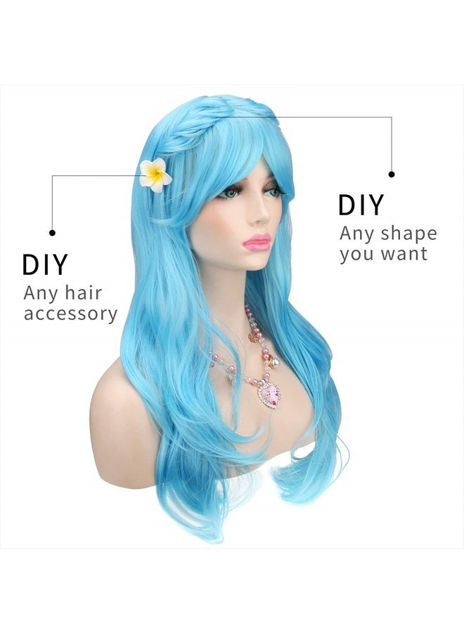 Akstore باروكة نسائية مقاومة للحرارة بطول 28 بوصة 70 سم مع غطاء باروكة، أزرق فاتح - Image 4