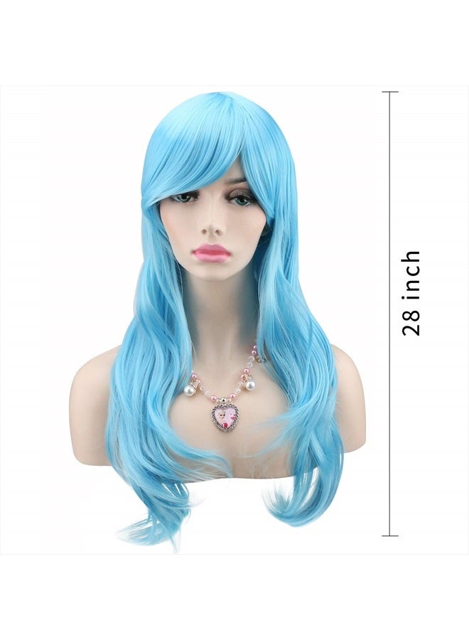 Akstore باروكة نسائية مقاومة للحرارة بطول 28 بوصة 70 سم مع غطاء باروكة، أزرق فاتح - Image 2