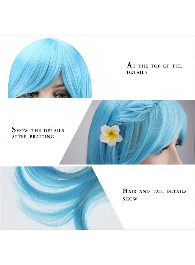 Akstore باروكة نسائية مقاومة للحرارة بطول 28 بوصة 70 سم مع غطاء باروكة، أزرق فاتح - Image 5