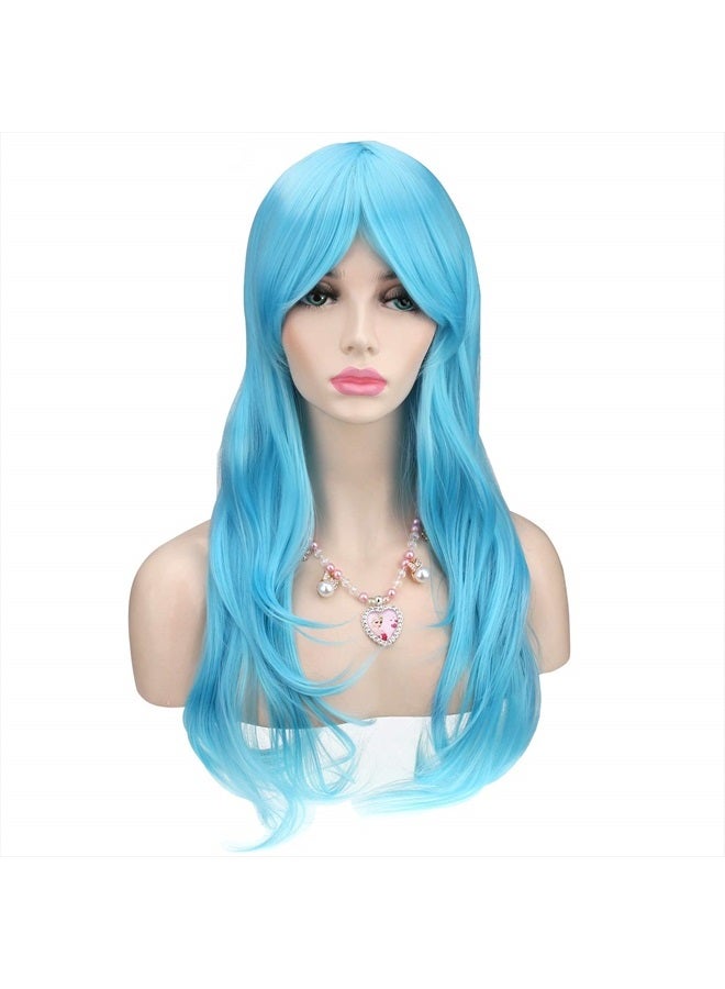 Akstore باروكة نسائية مقاومة للحرارة بطول 28 بوصة 70 سم مع غطاء باروكة، أزرق فاتح - Image 3