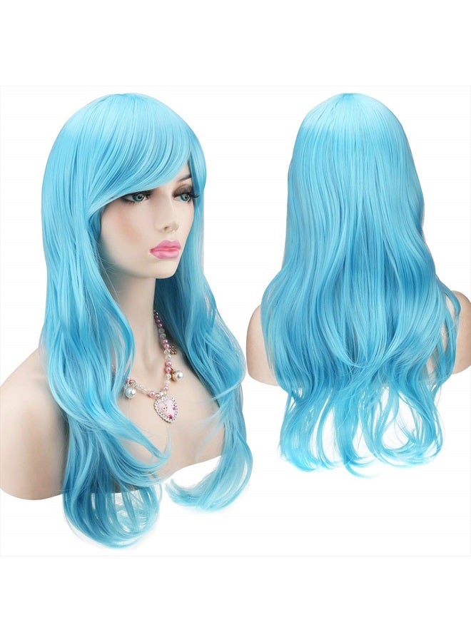 Akstore باروكة نسائية مقاومة للحرارة بطول 28 بوصة 70 سم مع غطاء باروكة، أزرق فاتح - Image 1