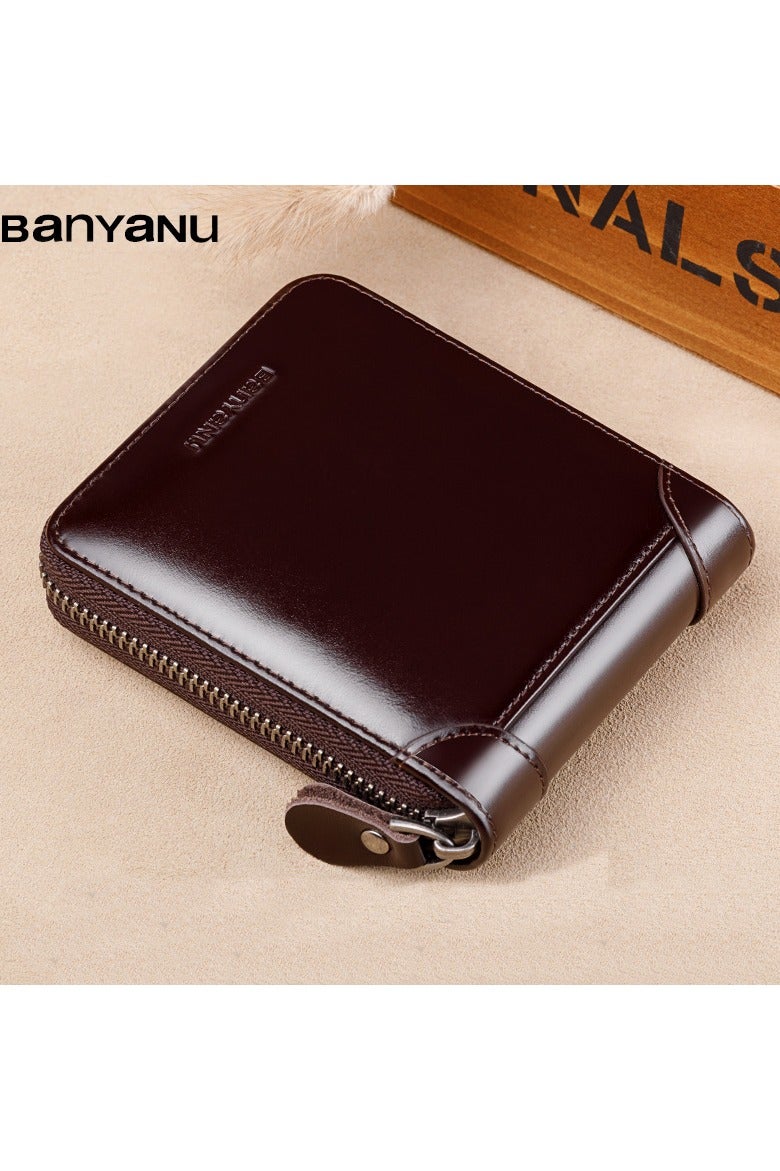 BANYANU short wallet men's leather multifunctional large capacity first layer oil wax cowhide wallet - Image 1