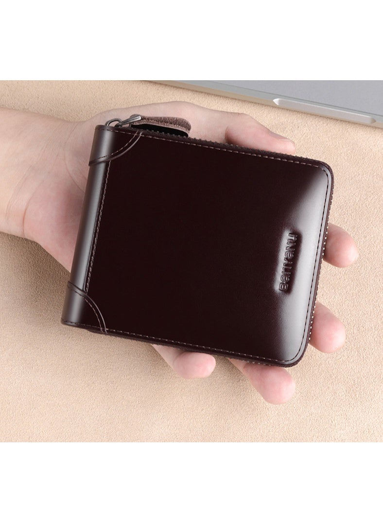 BANYANU short wallet men's leather multifunctional large capacity first layer oil wax cowhide wallet - Image 4