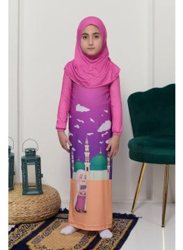 Altobeh Children's Prayer Set Practical One Piece Patterned Sleeves Removable Headscarf Lycra Hijab Dress (6-12 Years) 925-0301  - Image 1