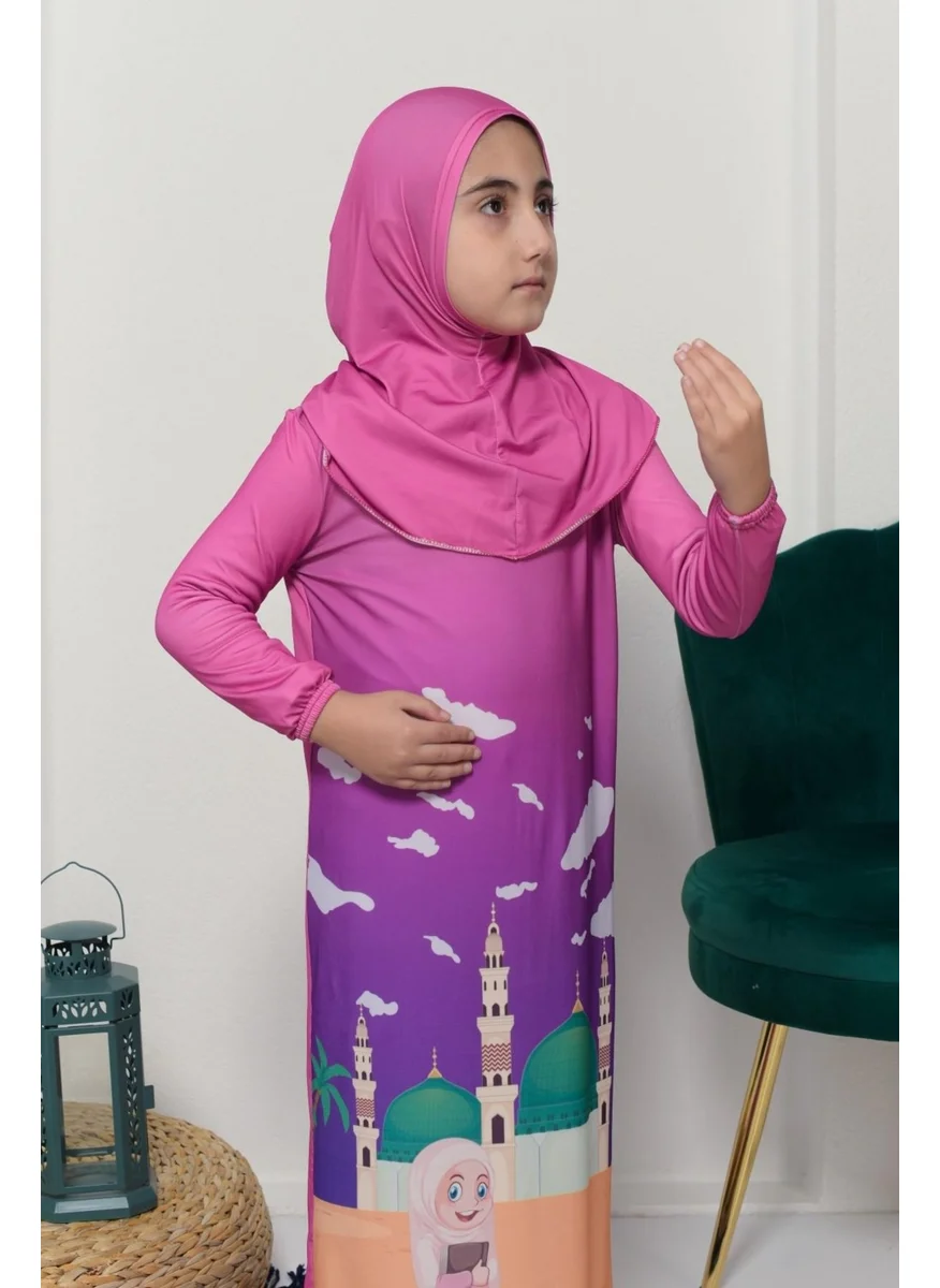 Altobeh Children's Prayer Set Practical One Piece Patterned Sleeves Removable Headscarf Lycra Hijab Dress (6-12 Years) 925-0301